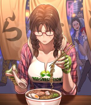 1boy 2girls artist_self-insert beer_can bespectacled bowl braid breasts brown_hair can casual chopsticks cleavage collarbone commentary drink_can drunk egg english_commentary fingerless_gloves fogged_glasses food glasses gloves green_gloves han_soo-min_(hanny) hanny_(uirusu_chan) highres holding holding_chopsticks hood hood_down julia_chang kamaboko large_breasts lei_wulong low_twin_braids meat medium_hair multiple_girls namco narutomaki noodles plaid_clothes plaid_shirt print_shirt ramen red-framed_eyewear sapporo_beer shirt solo_focus soup spoon steam sweat tekken tekken_2 tekken_3 tekken_7 truth twin_braids