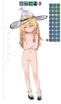 1girl absurdres averting_eyes black_shoes blonde_hair blush braid chinese_commentary cleft_of_venus commentary commentary_request crossed_arms embarrassed english_commentary flat_chest hat highres kirisame_marisa loli long_hair mixed-language_commentary naked_footwear nipples nude pussy see-through_hat shoes side_braid single_braid socks terraria touhou white_socks witch_hat wu_yu_bobosha yellow_eyes