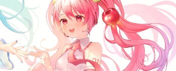 Rule 34 | 1girl, arm tattoo, blue nails, blue trim, blush, breasts, cherry hair ornament, collared shirt, commentary request, detached sleeves, food-themed hair ornament, hair between eyes, hair ornament, hatsune miku, highres, long hair, long sleeves, medium breasts, necktie, number tattoo, official alternate costume, open mouth, pink eyes, pink hair, pink necktie, sakura miku, shirt, sleeveless, sleeveless shirt, smile, solo focus, tananuki, tattoo, twintails, upper body, very long hair, vocaloid, white shirt, wide sleeves