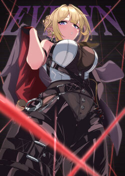 1girl absurdres black_pants blonde_hair breasts character_name cleavage evelyn_chevalier high-waist_pants highres kaiju_ryoku large_breasts laser necktie pants purple_eyes see-through_cleavage see-through_clothes solo strap tight_clothes tight_pants yellow_necktie zenless_zone_zero zipper