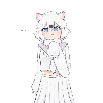 1girl :3 adapted_costume animal_ears blue_eyes blush brown_hair cowboy_shot fur_collar hondo_tanuki_(kemono_friends) kemono_friends kemono_friends_3 long_sleeves midriff_peek multicolored_hair necktie pleated_skirt raccoon_ears raccoon_girl sailor_collar school_uniform serafuku shioame_neko777 shirt short_hair skirt sleeves_past_wrists solo translation_request two-tone_hair white_fur white_hair white_necktie white_shirt white_skirt