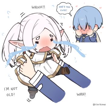 1boy 1girl =_= blush capelet chibi commentary crying earrings elf english_commentary english_text flailing frieren frieren's_three-day_tantrum full-face_blush heart highres himmel_(sousou_no_frieren) holding holding_mini_person jewelry kicking long_pointy_ears mini_person minigirl parted_bangs pointy_ears rinrihime signature sobbing sousou_no_frieren speech_bubble streaming_tears tantrum teardrop_earrings tears thought_bubble twintails white_background white_capelet white_hair