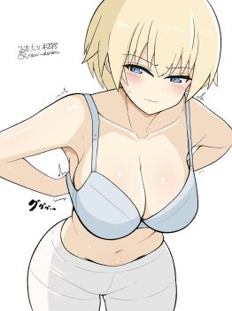 1girl absurdres blonde_hair blue_bra blue_eyes blush bra brave_witches breasts cleavage closed_mouth collarbone dated highres large_breasts navel nikka_edvardine_katajainen pantyhose short_hair signature simple_background solo underwear undressing unkai_daraku white_background white_pantyhose world_witches_series