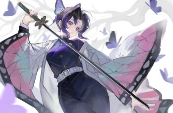1girl absurdres animal_print belt black_hair breasts bug butterfly butterfly_hair_ornament butterfly_print chinese_commentary commentary_request cowboy_shot demon_slayer_uniform gradient_hair hair_ornament hand_up haori highres holding holding_sword holding_weapon insect japanese_clothes kimetsu_no_yaiba kochou_shinobu long_sleeves multicolored_hair parted_bangs print_haori purple_butterfly purple_eyes purple_hair qi_xia short_hair solo standing sword weapon white_background white_belt