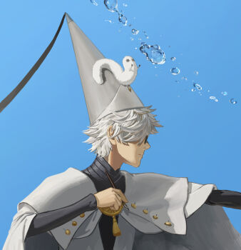 Rule 34 | 1boy, blue background, brushbuddy, cloak, commentary, creature, dynamis (artist), english commentary, glasses, hat, hat tassel, holding, holding pen, magic, pen, qifrey (tongari boushi no atelier), tongari boushi no atelier, water, white hair