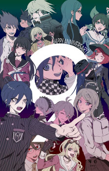 6+boys 6+girls absurdres ahoge akamatsu_kaede amami_rantaro android antenna_hair armband armor arms_behind_back bead_necklace beads black_gloves black_hair black_jacket black_mask black_sailor_collar blonde_hair blue_eyes blue_hair blunt_bangs blush bow bowtie breasts brown_eyes brown_hair brown_suit buttons chabashira_tenko checkered_clothes checkered_scarf choker collared_jacket collared_shirt commentary_request covered_mouth crest danganronpa_(series) danganronpa_v3:_killing_harmony dark-skinned_female dark_skin double-breasted ear_piercing english_text eyelashes facial_hair finger_to_mouth fingerless_gloves flipped_hair formal_clothes fortissimo gakuran gem_hair_ornament glasses gloves goatee goggles goggles_on_head gokuhara_gonta green_eyes green_hair grey_hair hair_between_eyes hair_ornament hair_over_one_eye hair_ribbon hair_scrunchie hairband happy_anniversary harukawa_maki hat hat_belt highres hoshi_ryoma iruma_miu jacket jewelry k1-b0 lace-trimmed_hairband lace_trim long_hair long_sleeves looking_at_viewer low_twintails mask medium_hair mole mole_under_eye mole_under_mouth momota_kaito mouth_mask multiple_boys multiple_girls musical_note musical_note_hair_ornament necklace necktie ok_sign ok_sign_over_eye oma_kokichi one_eye_closed open_mouth partial_commentary piercing pink_hairband pink_serafuku pink_shirt pink_sweater_vest pinstripe_jacket pinstripe_pattern pitta_(oshirinokeeeee) pleated_skirt pointing power_armor profile purple_eyes purple_facial_hair purple_hair raincoat red_armband red_eyes red_hair red_scrunchie red_shirt ribbon ringed_eyes round_eyewear saihara_shuichi sailor_collar scarf school_uniform scrunchie serafuku shell shell_necklace shinguji_korekiyo shirogane_tsumugi shirt short_hair shushing skirt smile spiked_hair striped_clothes striped_shirt suit sweater_vest teeth tojo_kirumi tongue tongue_out twintails two-tone_scarf vest white_bag white_bow white_bowtie white_hair white_shirt witch_hat yellow_eyes yellow_raincoat yonaga_angie yumeno_himiko