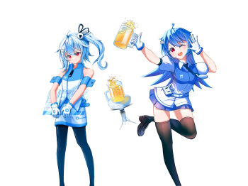 2girls ahoge alcohol beer beer_mug bili_girl_22 bili_girl_33 bilibili black_necktie black_pantyhose black_shoes black_thighhighs blue_hair blue_skirt closed_mouth commentary cup gloves hair_ornament highres holding holding_cup holding_tablet_pc logo long_hair looking_at_cup looking_at_viewer medium_hair mug multicolored_shirt multicolored_skirt multicolored_vest multiple_girls necktie one_eye_closed open_mouth pantyhose red_eyes shoes side_ponytail simple_background skirt tablet_pc thighhighs white_background white_gloves zagwei