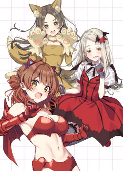 3girls animal_ears animal_hands bare_shoulders bat_hair_ornament breasts brown_dress brown_eyes brown_hair cleavage commentary_request courreges_ace demon_costume dress elbow_gloves fangs gakuen_idolmaster gloves grey_hair hair_ornament hair_rings hanami_ume hands_up idolmaster kuramoto_china large_breasts looking_at_viewer multiple_girls navel patterned_background paw_gloves red_dress red_gloves red_tube_top red_wings shinosawa_hiro simple_background single_hair_ring smile stomach strapless swept_bangs tail teeth tube_top upper_teeth_only vampire_costume werewolf_costume wings wolf_ears wolf_paws wolf_tail yellow_eyes