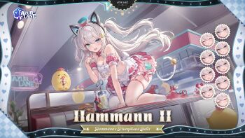 Rule 34 | 1girl, all fours, animal ears, apron, asymmetrical legwear, azur lane, bare shoulders, blue eyes, breasts, cat ears, cat tail, commentary, copyright name, copyright notice, detached collar, detached sleeves, english commentary, fake animal ears, frilled apron, frills, full body, grey hair, hair ornament, hammann (azur lane), hammann ii (azur lane), hammann ii (hammann's scrumptious spells) (azur lane), hat, highres, indoors, looking at viewer, manjuu (azur lane), medium breasts, midriff, mini hat, navel, official art, open mouth, paw pose, promotional art, red shoes, red skirt, roller skates, shoes, single sock, single thighhigh, skates, skindentation, skirt, smile, socks, solo, strapless, tail, thigh strap, thighhighs, tube top, two side up, waitress, white apron, white socks, white thighhighs