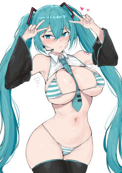 1girl alternate_breast_size_(smaller) aqua_hair arm_tattoo between_breasts bikini black_thighhighs blue_eyes breasts cowboy_shot curvy detached_sleeves double_v hatsune_miku heart highres large_breasts long_hair looking_at_viewer micro_bikini microphone navel necktie necktie_between_breasts sakiya_(sak1_01) simple_background solo stomach striped_bikini striped_clothes sweat swimsuit tattoo thighhighs thighs v very_long_hair vocaloid white_background