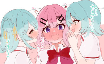 Rule 34 | 3girls, amaori renako, blue hair, blush, bow, bowtie, clone, collared shirt, commentary request, fang, girl sandwich, hair bun, highres, koyanagi kaho, mayocha (mayoke chaya), medium hair, multiple girls, pink hair, purple eyes, red bow, red bowtie, sandwiched, shirt, single side bun, skin fang, translation request, trembling, watashi ga koibito ni nareru wake naijan murimuri!, whispering, white shirt, yellow eyes, yuri