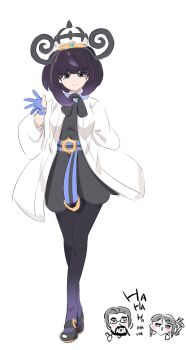 1boy 2girls arm_behind_back belt belt_buckle black_dress black_ribbon black_shoes blue_belt blue_gloves bob_cut buckle closed_mouth coat dress eyelashes full_body gloves gwynn_(pokemon) hat highres long_sleeves looking_at_viewer multiple_girls nintendo o-ring o-ring_belt open_clothes open_coat pantyhose partially_fingerless_gloves pokemon pokemon_legends:_z-a purple_eyes purple_hair ribbon shoes short_hair smile solo_focus white_background white_coat white_hat zenbi_(yakumo_0624)