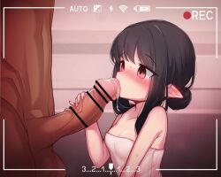 1boy 1girl animated arm_at_side bar_censor bathroom black_hair blush breasts censored cleavage cum cum_in_mouth cum_on_body cum_on_breasts cum_on_upper_body dark-skinned_male dark_skin ear_blush ejaculation embarrassed empty_eyes eyebrows fellatio fingernails from_side hair_bun hand_up handjob hetero indoors interracial just_the_tip large_penis live2d loli looking_at_penis mochikushi nose_blush oral original penis pink_eyes pointy_ears recording scared short_hair_with_long_locks small_breasts solo_focus sound tagme testicles tongue tongue_out towel towel_over_breasts upper_body veins veiny_penis video wet