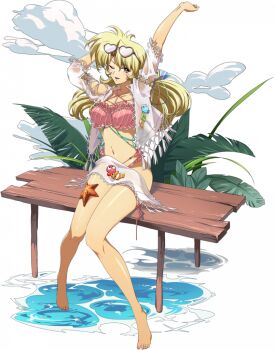 1girl arm_above_head arm_behind_head arms_up barefoot bikini blonde_hair breasts brenda_(langrisser) brown_eyes cloud dock eyewear_on_head foot_dangle frilled_shirt frills full_body game_cg heart heart-shaped_eyewear langrisser langrisser_mobile langrisser_v leaf legs looking_at_viewer medium_breasts navel official_alternate_costume official_art one_eye_closed open_mouth palm_tree parted_lips pier pink_bikini plant shirt simple_background sitting smile soaking_feet solo starfish stomach stretching striped_bikini striped_clothes sunglasses swimsuit tachi-e thigh_strap third-party_source transparent_background tree vertical-striped_bikini vertical-striped_clothes water white_shirt