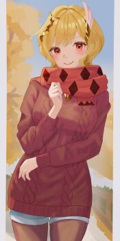 1girl alternate_costume black_pantyhose blonde_hair blue_shorts blush breasts citrinne_(fire_emblem) closed_mouth feather_hair_ornament feathers fire_emblem fire_emblem_engage hair_ornament highres long_sleeves looking_at_viewer medium_breasts nintendo pantyhose red_eyes red_scarf red_sweater scar scarf short_hair shorts smile solo sweater tarutaru193