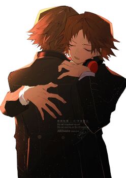 Rule 34 | 2boys, black jacket, brown hair, closed eyes, commentary request, dual persona, from behind, hanamura yousuke, hand on another's back, headphones, headphones around neck, highres, hug, jacket, long sleeves, male focus, multiple boys, open mouth, persona, persona 4, school uniform, short hair, twitter username, upper body, white background, yasogami school uniform, zeka (skzk cm)