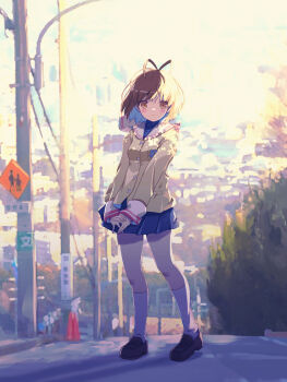 1girl akayama_yukihe antenna_hair blush breasts brown_eyes brown_hair cardigan clannad fingernails furukawa_nagisa highres looking_at_viewer neckerchief outdoors photo_background pleated_skirt school_uniform short_hair skirt small_breasts socks solo standing white_socks