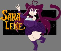 Rule 34 | 1girl, ahoge, animal ears, bare shoulders, black background, bow, bowtie, breasts, cat ears, cat tail, full body, greenlow, heart, heart ahoge, heart hair, indie virtual youtuber, large breasts, logo, purple eyes, purple hair, purple skirt, purple socks, purple top, saralene, skirt, socks, solo, stars, tail, thighs, twintails, virtual youtuber