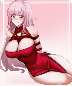 Rule 34 | 1girl, :q, absurdres, alternate costume, arms behind back, blunt bangs, blush, breasts, china dress, chinese clothes, cleavage, cleavage cutout, clothing cutout, commentary, covered navel, dress, english commentary, gradient background, halter dress, halterneck, heart, helldeer, highres, hololive, hololive english, large breasts, long hair, looking at viewer, mori calliope, pink background, pink eyes, pink hair, red dress, shibari, side slit, sidelocks, simple background, sitting, sleeveless, sleeveless dress, solo, tongue, tongue out, virtual youtuber, yokozuwari