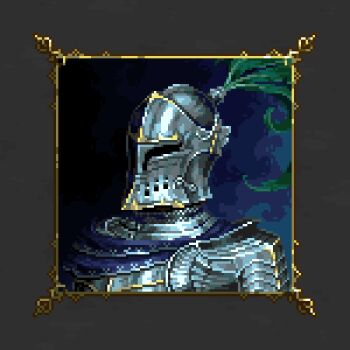 ambiguous_gender armor black_background border breastplate chainmail commentary english_commentary frivolousknight knight original ornate_border pixel_art plume portrait