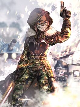 2girls ahagon_umiko artist_request ballistic_shield belt brown_eyes brown_hair dark-skinned_female dark_skin firing gloves gun holding holding_gun holding_weapon hood jacket looking_to_the_side mask military military_uniform mouth_mask multiple_girls new_game! official_art outdoors sakura_nene shell_casing shield short_eyebrows standing weapon