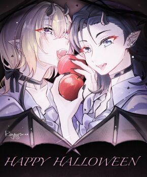 2girls apple bang_dream! bang_dream!_it&#039;s_mygo!!!!! bat_wings black_choker black_hair black_nails blonde_hair blue_eyes chinese_commentary choker collared_shirt commentary_request dated dress_shirt ear_piercing fangs food fruit happy_halloween highres horns medium_hair misumi_uika multiple_girls nail_polish open_mouth piercing pointy_ears purple_eyes shirt signature teeth white_shirt wings yahata_umiri yoyoray20001996