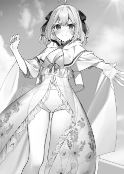 1girl anisphia_wynn_palettia bikini blush bow bowtie breasts cleavage cloak commentary_request day feet_out_of_frame greyscale hair_ribbon hand_up highres kisaragi_yuri looking_at_viewer medium_breasts medium_hair monochrome official_art outdoors ribbon second-party_source shorts smile solo swimsuit tensei_oujo_to_tensai_reijou_no_mahou_kakumei