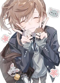 1boy :3 alternate_costume bag bag_charm black_pants brown_hair character_charm character_doll charm_(object) chinese_commentary closed_eyes commentary_request costume_request doll double_v earrings facing_viewer flower_sticker from_above grey_sweater guji_(gujji_0302) hair_between_eyes highres jacket jewelry kanae_(nijisanji) kuzuha_(nijisanji) light_blush long_hair long_sleeves male_focus mole mole_under_eye necktie nijisanji pants school_bag shirt shoulder_bag smile solo sticker striped_necktie stud_earrings sweater v virtual_youtuber white_shirt