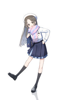 1girl :d absurdres bag beret black_overskirt black_shoes black_socks blue_bag blue_skirt blunt_bangs blunt_ends brown_eyes commentary_request full_body gakuen_idolmaster hand_on_own_hip hat hatsuboshi_gakuen_school_uniform highres holding_strap idolmaster jacket kneehighs kuramoto_china leaning_forward light_blush loafers long_hair long_sleeves looking_at_viewer miniskirt nakata_(nkt_vvd) open_mouth parted_bangs pink_scarf pleated_skirt scarf school_bag school_emblem school_uniform shadow shoes shoulder_bag simple_background skirt smile socks solo standing standing_on_one_leg white_background white_hat white_jacket