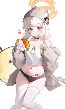 1girl absurdres aoba_(blue_archive) bare_shoulders beanie black_buruma blonde_hair blue_archive blush burger buruma camisole closed_mouth commentary_request eating food grey_hat grey_jacket hat highres holding holding_burger holding_food jacket jogabi long_hair long_sleeves looking_at_viewer midriff navel off_shoulder open_clothes open_jacket pom_pom_(clothes) puffy_long_sleeves puffy_sleeves red_eyes sauce_packet simple_background skindentation solo thighhighs white_background white_camisole white_thighhighs wing_hat_ornament