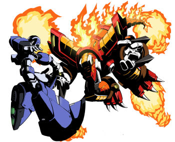 Rule 34 | 2boys, absurdres, arm cannon, armor, blue armor, blue helmet, burn dinorex (mega man), commentary request, dinosaur, fire, full body, helmet, highres, male focus, mega man (series), mega man x (series), multiple boys, non-humanoid robot, robot, robot animal, sharp teeth, simple background, teeth, weapon, white background, x (mega man), zelitto