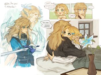 1boy 1girl absurdres animal_ears bed blue_eyes blush champion's_tunic_(zelda) closed_eyes commentary couple earrings english_commentary ghost green_eyes hair_between_eyes hetero highres holding holding_sword holding_weapon hug husband_and_wife isa-415810 jewelry link long_hair master_sword nintendo on_bed open_mouth princess_zelda ring sad silent_princess simple_background speech_bubble sweater sword tears the_legend_of_zelda the_legend_of_zelda:_tears_of_the_kingdom upper_body weapon wedding_ring white_sweater window