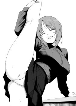 1girl arm_support breasts collared_shirt cowboy_shot dot_nose flexible girls_und_panzer greyscale grin half-closed_eye hand_on_own_leg henyaan_(oreizm) highres holding_own_leg kneepits kuromorimine_school_uniform large_breasts leg_hold leg_lift leg_up long_sleeves looking_at_viewer monochrome nishizumi_miho one_eye_closed panties pantyshot parted_bangs parted_lips pleated_skirt raised_inner_eyebrows school_uniform shirt short_hair simple_background skirt smile solo split spread_legs standing standing_on_one_leg standing_split sweat underwear white_background wide_spread_legs wing_collar