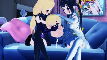 1boy 2girls 3d age_difference bdsm bondage bound bound_ankles bound_wrists clothed_female_nude_male couch covering_another's_mouth cum ejaculation femdom gagged hand_gagged hand_over_another's_mouth handjob highres milking_handjob multiple_girls nude onee-shota restrained rope shota witch