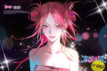 Rule 34 | 1girl, aespa, barcode, bare shoulders, blue eyeshadow, breasts, butterfly earrings, collarbone, commentary, copyright name, double bun, earrings, english commentary, english text, eyeshadow, floating hair, hair bun, highres, jewelry, k-pop, karina (aespa), lens flare, makeup, medium breasts, parted lips, pink eyes, pink lips, pink tube top, portrait, real life, smile, solo, song name, sparkle, spicy (aespa), strapless, tube top, watermark, weibo watermark, zhanzhan lan