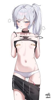 1girl absurdres bandaid bandaids_on_nipples black_camisole black_shorts blue_eyes blush breasts camisole camisole_lift clothes_lift clothes_pull commentary_request commission cowboy_shot grey_hair highres korean_commentary lifting_own_clothes looking_at_viewer myeolchi navel original panties parted_lips pasties petite pussy_juice pussy_juice_drip_through_clothes second-party_source sex_toy shorts shorts_pull simple_background skindentation small_breasts solo stomach thigh_strap underwear vibrator white_background white_panties