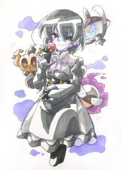 &gt;_&lt; 1girl ^_^ black_corset black_dress black_eyes black_gloves black_hair black_pantyhose bob_cut bow breasts closed_eyes cloud colored_skin commentary corset cropped_legs dress dress_bow earrings empty_eyes gastly gen_1_pokemon gen_5_pokemon gen_6_pokemon gloves hair_between_eyes highres holding holding_poke_ball jewelry lampent looking_at_viewer loose_hair_strand medium_breasts monogatari_(series) nintendo oshino_ougi pantyhose phantump poke_ball pokemon purple_bow purple_clouds short_hair solo standing symbol-only_commentary taste_colorful white_background white_skin