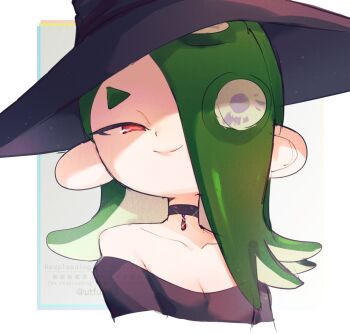 1girl bare_shoulders breasts choker cleavage collarbone dress hair_over_one_eye halloween_costume hat looking_at_viewer nintendo official_alternate_costume red_eyes shiver_(splatoon) small_breasts smile solo splatoon_(series) splatoon_3 tentacle_hair upper_body utfu333 witch_hat