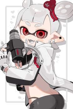 Rule 34 | 1girl, ass, bow (weapon), coat, commentary, fangs, gloves, grey hair, highres, holding, holding bow (weapon), holding weapon, inkling, inkling girl, inkling player character, inset border, looking at viewer, medium hair, nintendo, open clothes, open coat, open mouth, outside border, pointy ears, red eyes, reef-lux 450 (splatoon), sabata saba, smile, solo, splatoon (series), splatoon 3, symbol-only commentary, tentacle hair, thick eyebrows, weapon, white background, white coat, white gloves