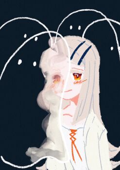 1girl black_background blonde_hair blurry blush camisole coat colored_eyelashes gakuen_idolmaster hair_ornament hairclip highres idolmaster konparu_(konparunemunemu) light_smile long_hair looking_at_viewer multiple_others orange_eyes parallel_hairclips shinosawa_hiro white_camisole yellow_coat