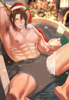 1boy abs absurdres alcohol antlers arm_behind_head arm_up armpit_hair armpits bara bare_pectorals barefoot bathing bathtub black-framed_eyewear black-framed_glasses blurry blurry_background blush brown_hair capelet choko_(cup) christmas christmas_tree come_hither completely_nude cup facial_hair feet_out_of_frame flower foot_out_of_frame fur-trimmed_capelet fur-trimmed_hat fur_trim glasses glowing gregor_(project_moon) hair_between_eyes half-closed_eyes hat highres holding holding_cup horns indoors jitome large_pectorals limbus_company list long_hair looking_at_viewer low_ponytail lying male_focus muscular muscular_male nipples nude on_back open_mouth paper parted_bangs partially_submerged pectorals petals petals_on_liquid pom_pom_(clothes) ponytail project_moon reclining red_capelet red_hat reindeer_antlers sakazuki sake sanpaku santa_costume santa_hat semi-rimless_eyewear sitting solo spread_legs stomach stubble thick_thighs thighs toned toned_male towel towel_around_waist towel_on_legs under-rim_eyewear water wet wet_clothes wet_hair yellow_eyes