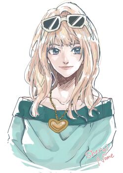 1girl aji_of_aji55 blonde_hair blue_eyes blunt_bangs character_name commentary_request eyeshadow eyewear_on_head heart_pendant highres long_hair macross macross_frontier makeup mascara sheryl_nome simple_background smile solo upper_body white_background