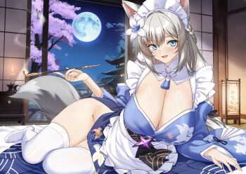 1girl :d animal_ears apron aqua_eyes breasts commentary_request flower fox_ears fox_girl fox_tail full_moon grey_hair hair_flower hair_ornament highres holding holding_smoking_pipe huge_breasts indoors long_hair long_sleeves looking_at_viewer lying maid_headdress mole mole_under_eye moon night on_side open_mouth otoha_(stella_sora) shirokuma_a smile smoking_pipe solo stella_sora tail thighhighs thighs white_apron white_thighhighs