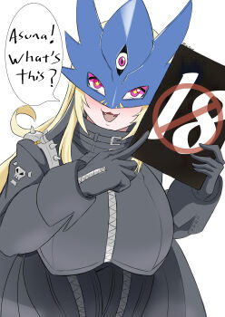 +_+ 1girl :3 :d absurdres beelstarmon belt bent_over black_belt black_coat black_gloves black_mask black_pants black_vest blonde_hair breasts coat commentary content_rating cowboy_shot cropped_vest digimon digimon_(creature) digimon_story:_time_stranger english_commentary english_text eye_mask fangs gloves highres holding large_breasts leaning_forward leather leather_pants long_hair looking_at_viewer mask open_mouth pants pointing purple_eyes sidelocks signature simple_background skull_print smile solo speech_bubble standing third_eye tight_clothes tight_pants vest white_background zaviour