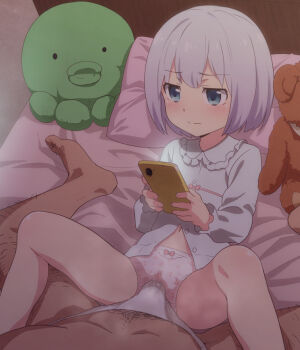 10s 1boy 1girl age_difference aged_down annoyed aqua_eyes bed bedroom blush bow bow_panties briefs bulge cellphone clothed_sex collared_shirt dark-skinned_male dark_skin erection erection_under_clothes eromanga_sensei grinding hetero indoors izumi_sagiri loli long_sleeves lying male_underwear molestation mushiro_(nijie728995) navel no_pants old old_man on_back on_bed pajamas panties phone pillow pink_panties pout pov pussy_rub rubbing sex shirt short_hair silver_hair spread_legs stuffed_toy underwear