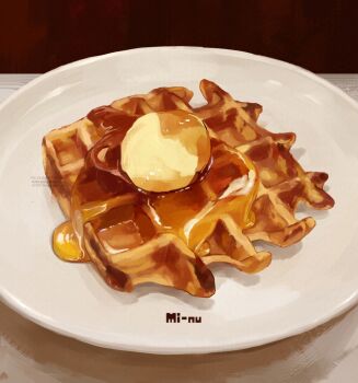 artist_name butter commentary_request food food_focus maple_syrup mi_nu6424to2 no_humans original plate still_life syrup waffle