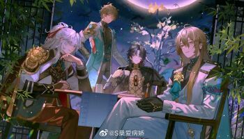 4boys aqua_armband aqua_coat arm_rest armband armor bamboo bird black_bridal_gauntlets black_gloves black_hair black_jacket black_shirt black_sleeves blade_(honkai:_star_rail) blonde_hair book bridal_gauntlets cape chinese_commentary closed_mouth coat crossed_legs cup dan_heng_(honkai:_star_rail) dan_heng_(hunt)_(honkai:_star_rail) dutch_angle earrings elbow_rest expressionless eyes_visible_through_hair feet_out_of_frame fence flower full_moon glint gloves green_eyes grey_pants group_picture hair_between_eyes hair_over_one_eye hair_ribbon hand_chains head_rest high_ponytail highres holding holding_cup honkai:_star_rail honkai_(series) jacket jewelry jing_yuan light_particles long_hair long_sleeves looking_at_viewer luocha_(honkai:_star_rail) male_focus mole mole_under_eye moon multicolored_coat multiple_boys night one_eye_covered open_clothes open_coat own_hands_together palms_together pankou pants parted_lips ponytail red_cape red_eyes red_pants red_ribbon ribbon shirt short_hair shoulder_armor single_earring sitting sleeve_cuffs smile ssang721 standing table tassel tassel_earrings teacup tree turtleneck turtleneck_shirt two-tone_coat upper_body watermark weibo_watermark white_coat white_flower white_hair white_jacket white_pants yaopei yellow_eyes