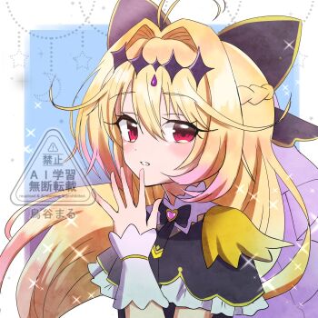 Rule 34 | 1girl, antenna hair, black capelet, blonde hair, brooch, capelet, cure arcana shadow, diamond hairband, hair intakes, half moon, hand up, heart, heart brooch, highres, jewelry, karasu kiwamaru, long hair, looking at viewer, magical girl, meitantei precure!, moon, moria luluka, precure, purple veil, purple wrist cuffs, veil, white wrist cuffs, wrist cuffs
