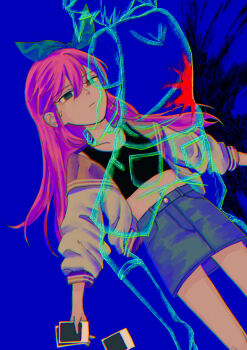 Rule 34 | 1boy, 1girl, aubrey (faraway) (omori), aubrey (omori), basil (faraway) (omori), basil (omori), blue skirt, collarbone, commentary request, crop top, denim, denim skirt, highres, holding, holding photo, jacket, long hair, long sleeves, lying, msdnno kabe, navel, omori, on back, open clothes, open jacket, photo (object), pink hair, short hair, skirt, white jacket