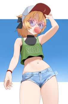 1girl absurdres adjusting_eyewear artist_name bare_shoulders baseball_cap blonde_hair blowing_bubble_gum brown_eyes carlo_montie chewing_gum commentary commission cowboy_shot crop_top cutoffs denim denim_shorts felt_(re:zero) green_tank_top hat heart heart-shaped_eyewear highres midriff navel_piercing piercing pink-framed_eyewear pink-tinted_eyewear re:zero_kara_hajimeru_isekai_seikatsu short_shorts shorts solo tank_top tinted_eyewear wristband